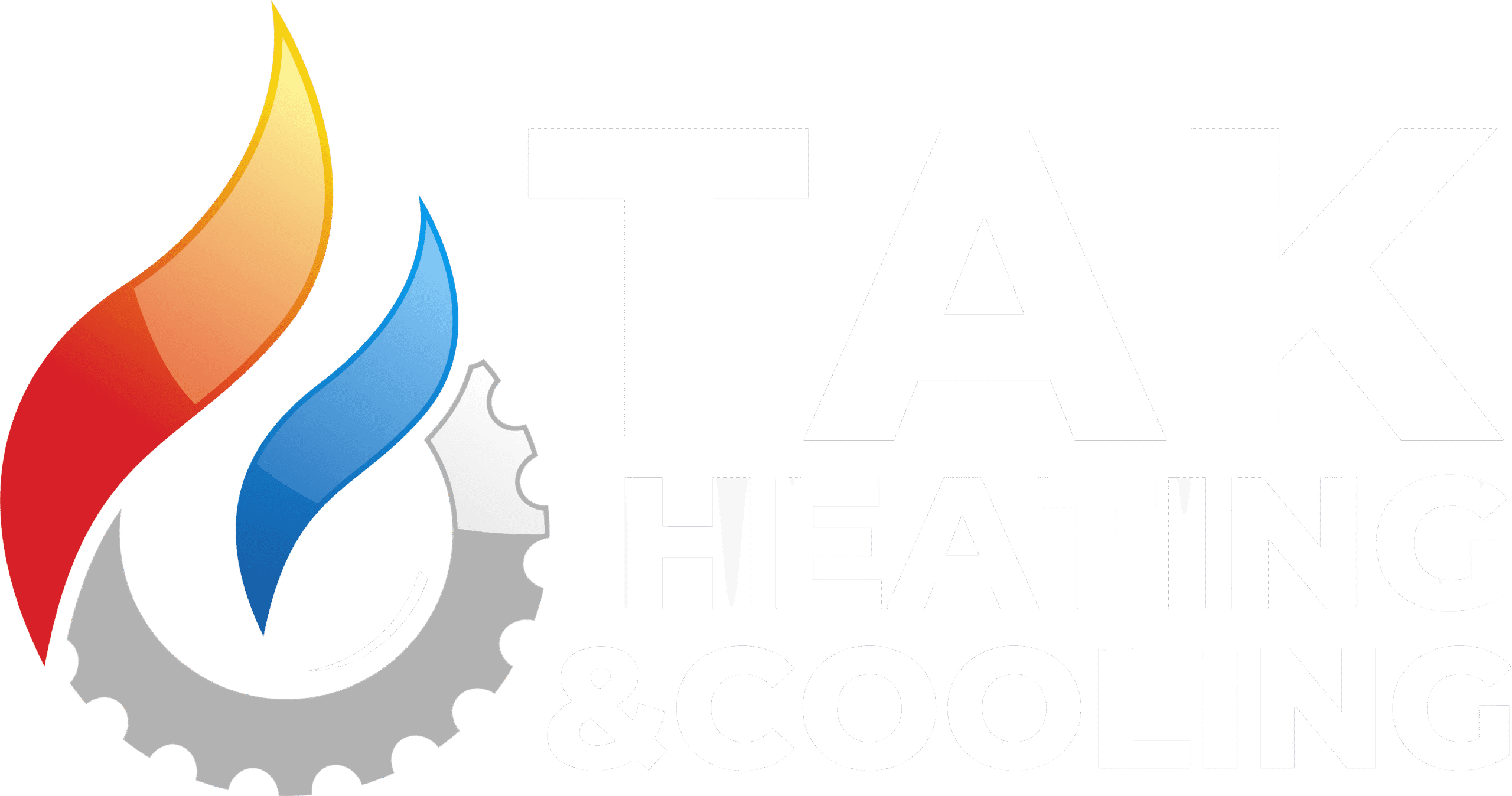 Logo for TAK Heating & Cooling featuring stylized red, orange, and blue flame shapes next to a gray gear, with the company name written in bold white text on a light background.